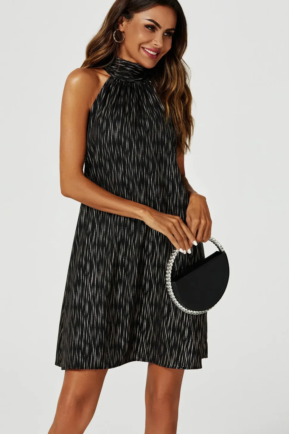 Gold Foil Halter Neck Tie Back Mini Dress In Black