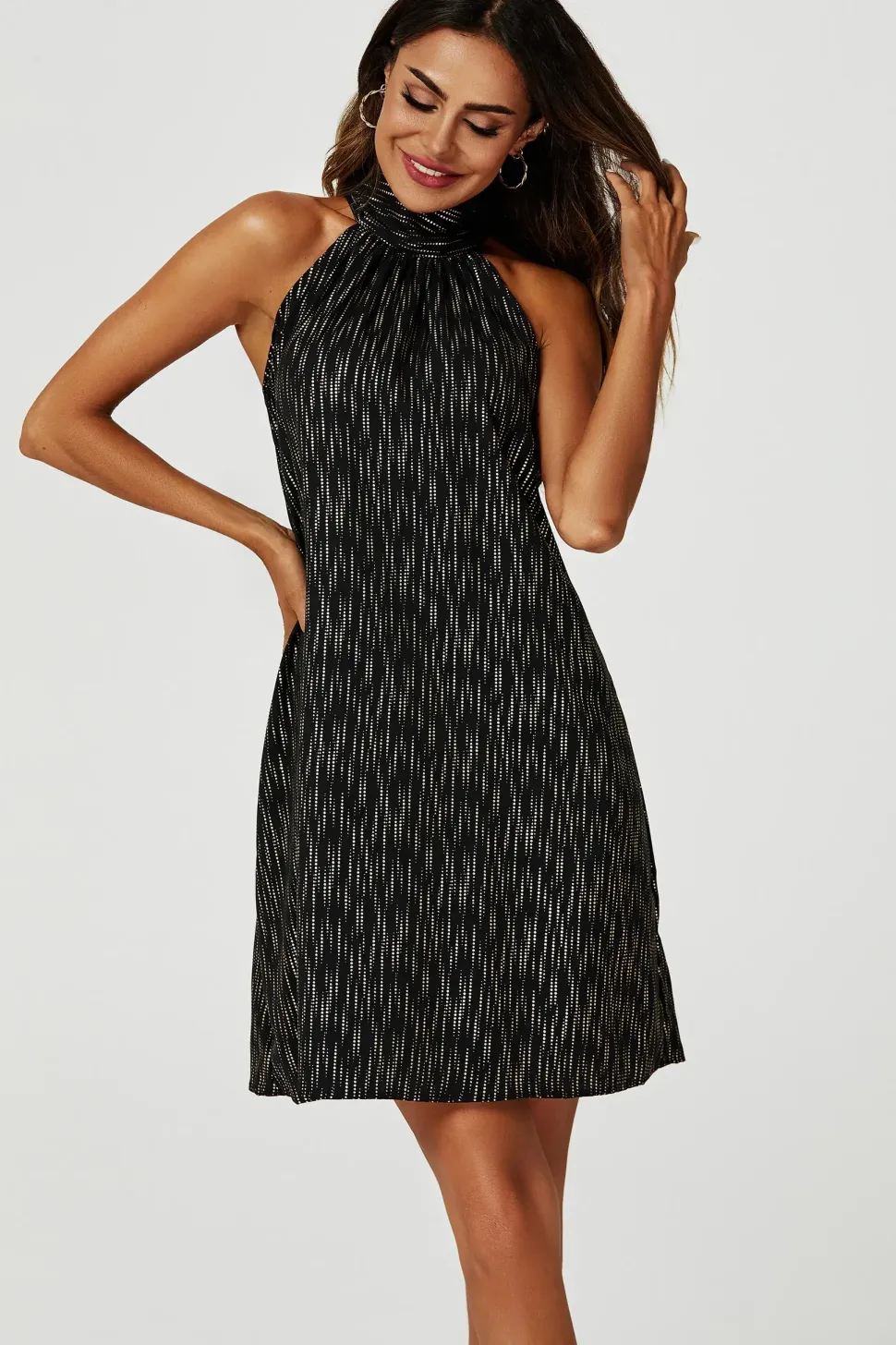 Gold Foil Halter Neck Tie Back Mini Dress In Black