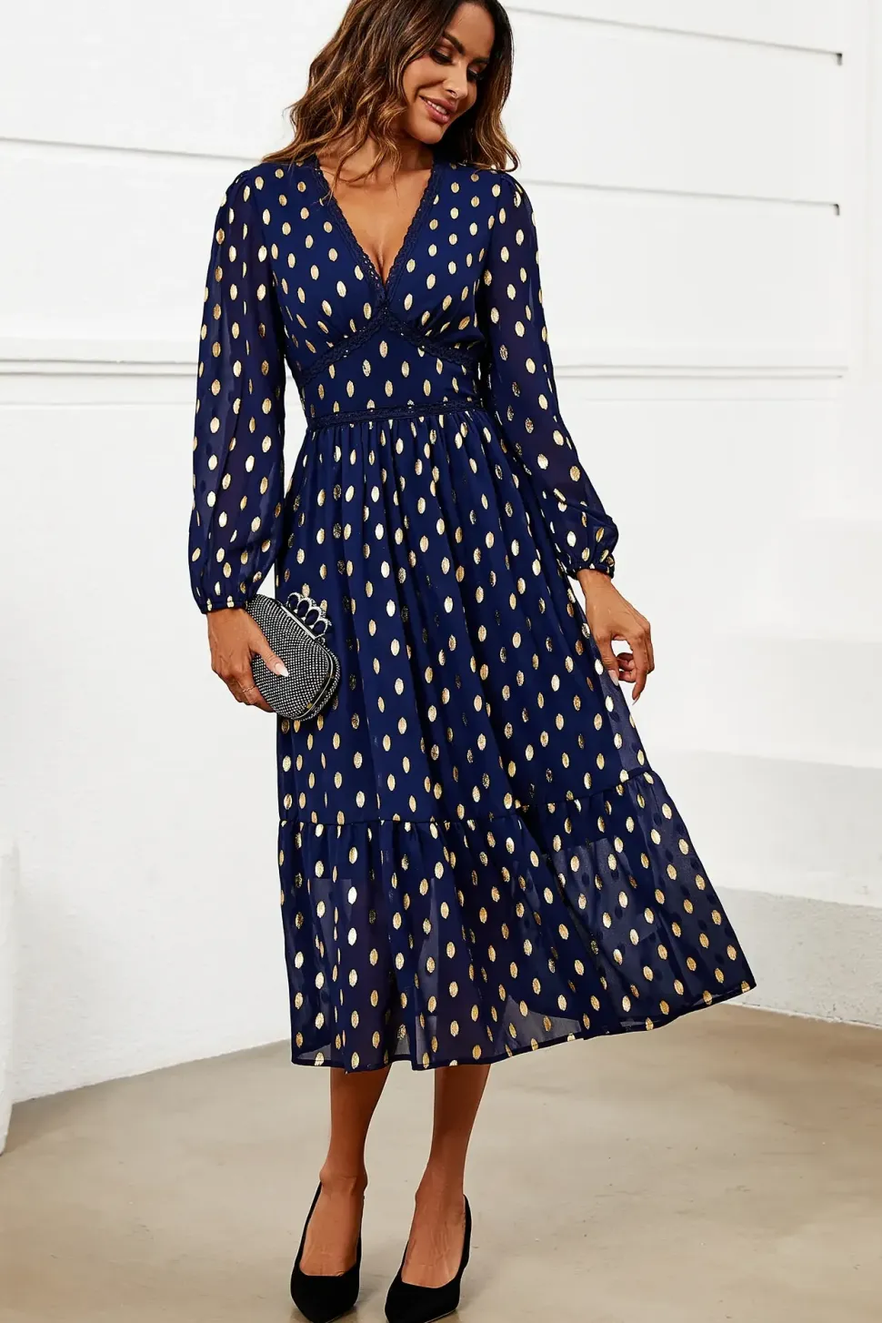 Gold Foil Lace Trim Long Sleeve Midi Dress