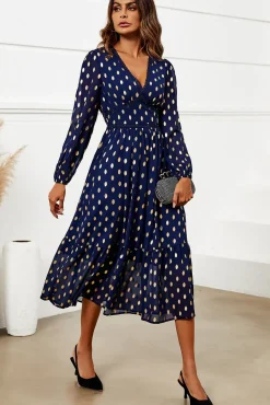 Gold Foil Lace Trim Long Sleeve Midi Dress