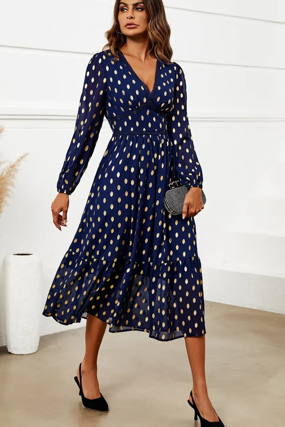 Gold Foil Lace Trim Long Sleeve Midi Dress