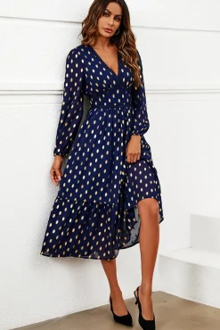 Gold Foil Lace Trim Long Sleeve Midi Dress
