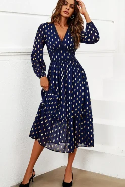 Gold Foil Lace Trim Long Sleeve Midi Dress
