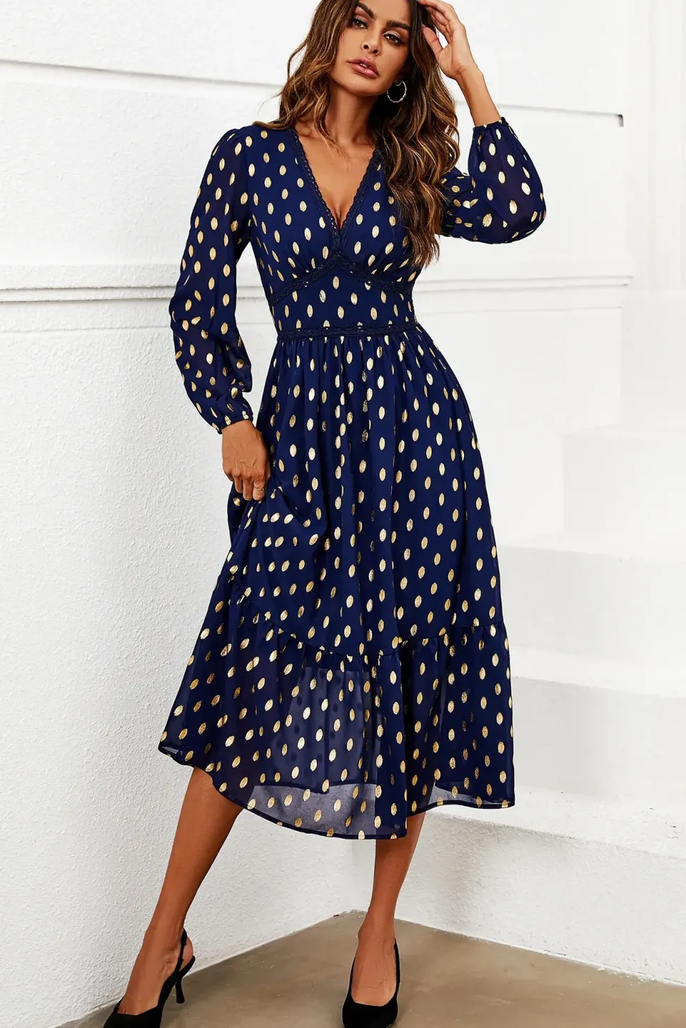 Gold Foil Lace Trim Long Sleeve Midi Dress