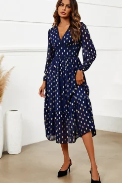 Gold Foil Lace Trim Long Sleeve Midi Dress