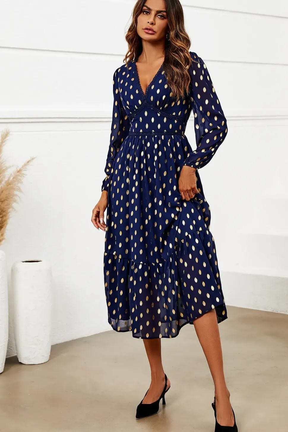 Gold Foil Lace Trim Long Sleeve Midi Dress