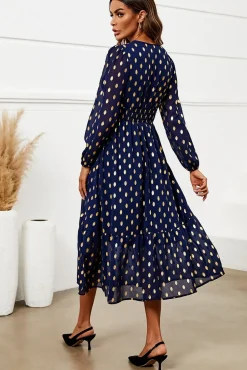 Gold Foil Lace Trim Long Sleeve Midi Dress