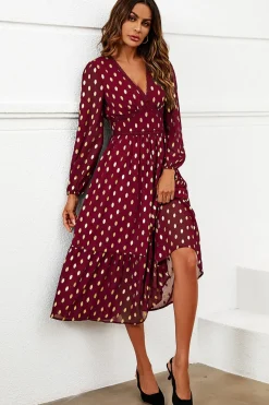 Gold Foil Lace Trim Long Sleeve Midi Dress