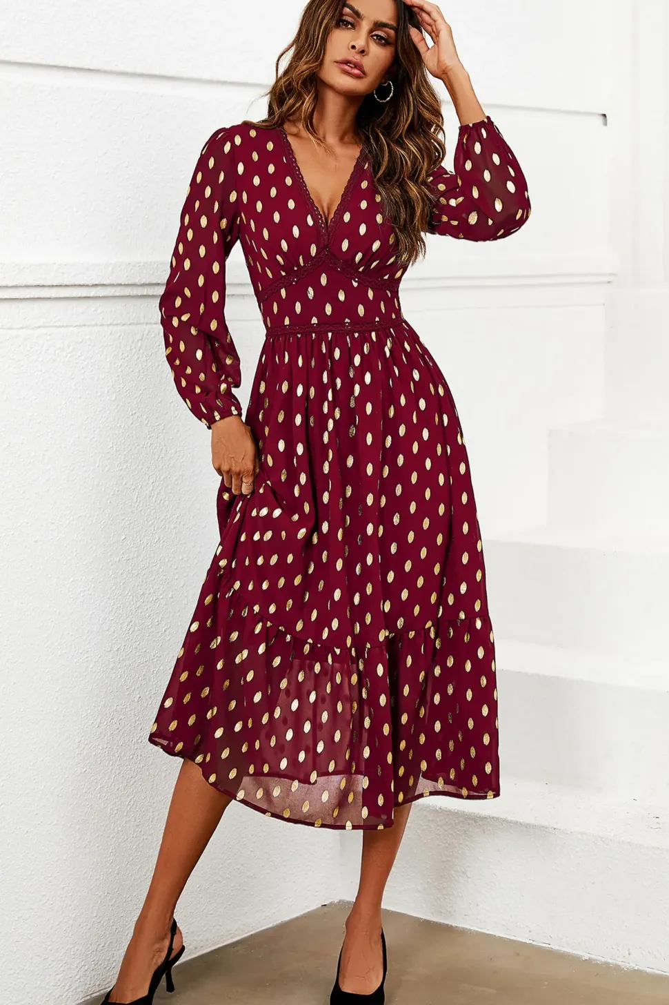 Gold Foil Lace Trim Long Sleeve Midi Dress