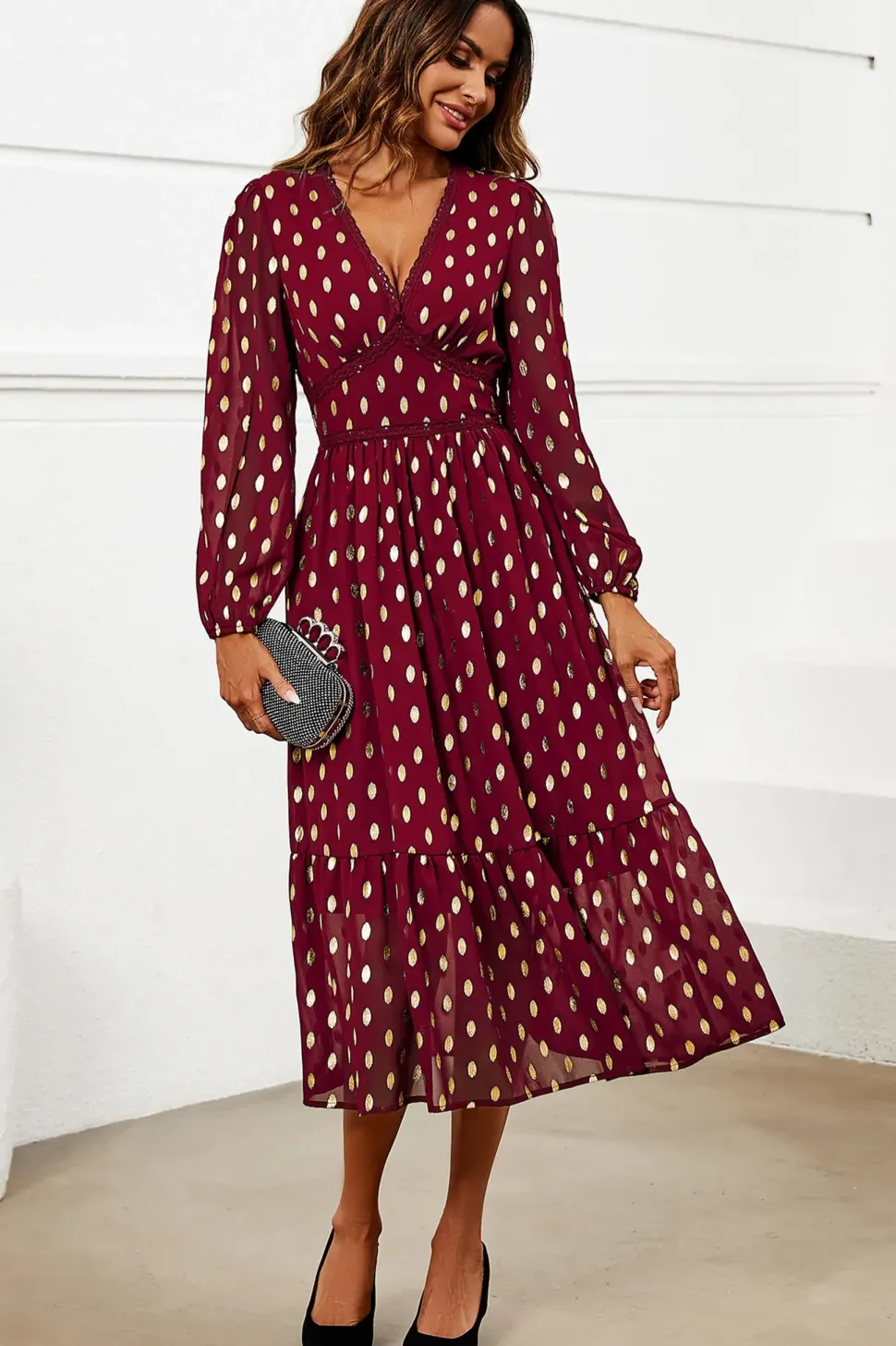 Gold Foil Lace Trim Long Sleeve Midi Dress