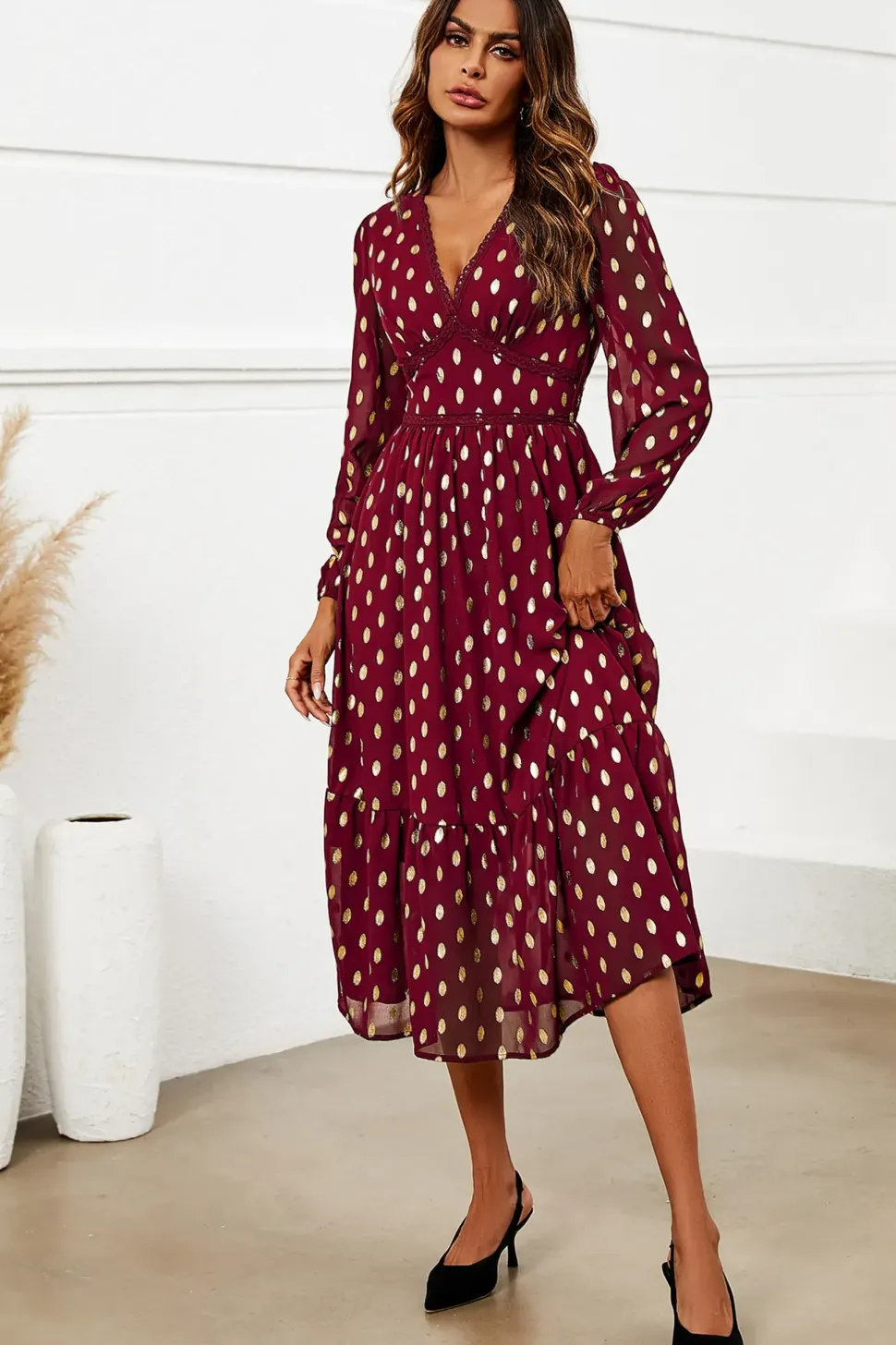Gold Foil Lace Trim Long Sleeve Midi Dress