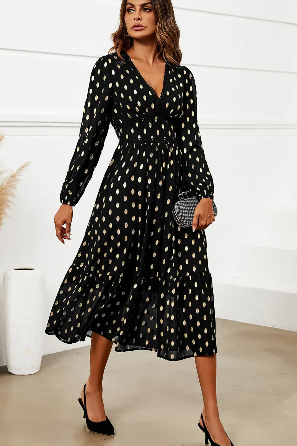 Gold Foil Lace Trim Long Sleeve Midi Dress