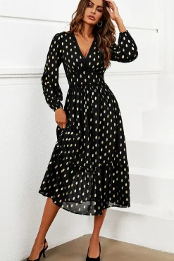 Gold Foil Lace Trim Long Sleeve Midi Dress