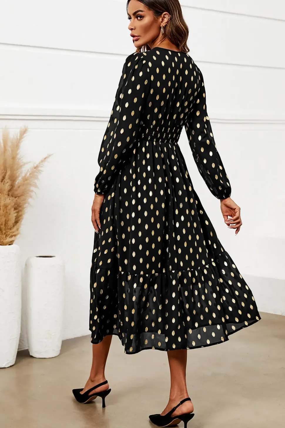 Gold Foil Lace Trim Long Sleeve Midi Dress
