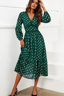 Gold Foil Lace Trim Long Sleeve Midi Dress