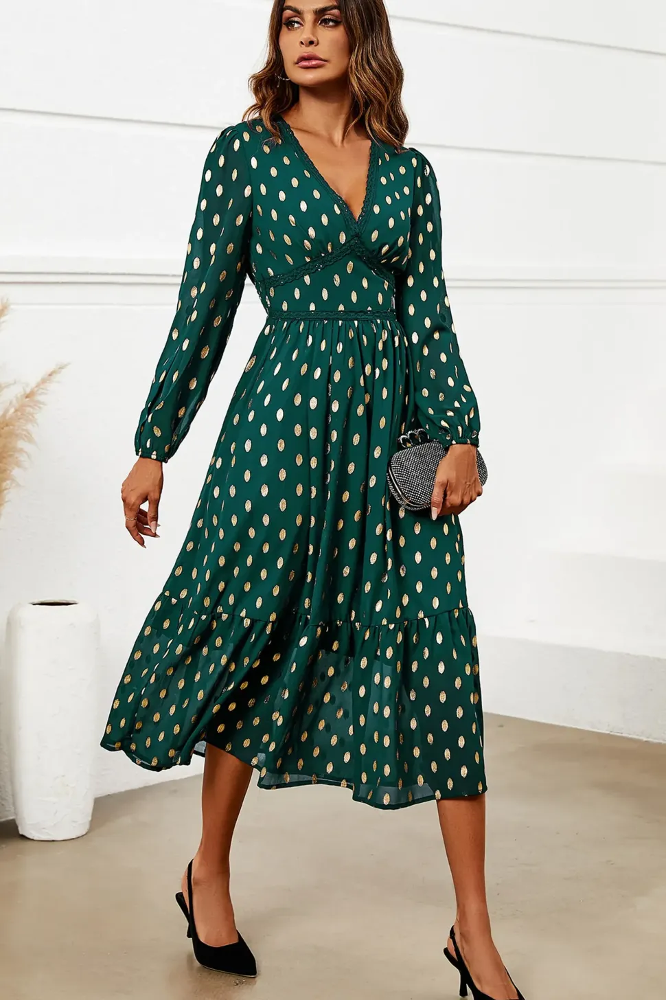 Gold Foil Lace Trim Long Sleeve Midi Dress