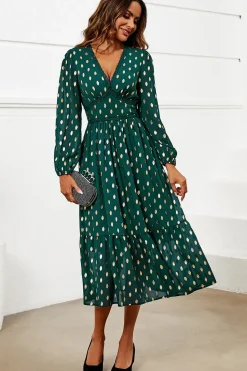 Gold Foil Lace Trim Long Sleeve Midi Dress