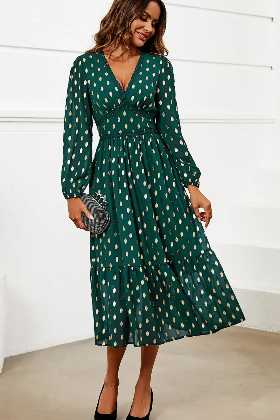 Gold Foil Lace Trim Long Sleeve Midi Dress