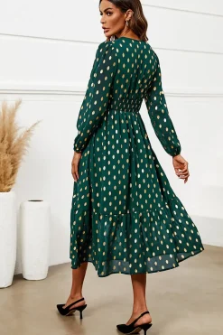 Gold Foil Lace Trim Long Sleeve Midi Dress