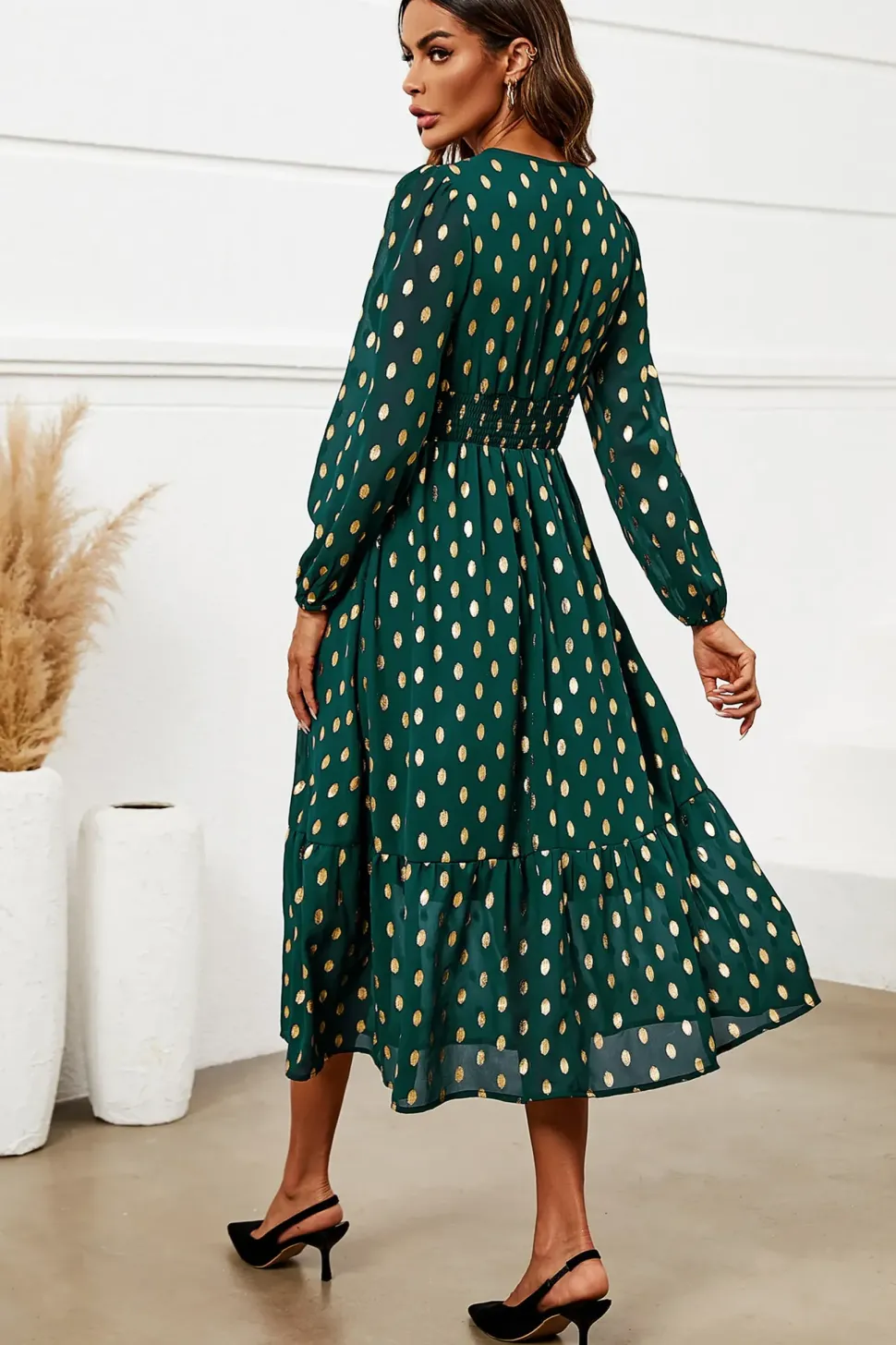 Gold Foil Lace Trim Long Sleeve Midi Dress