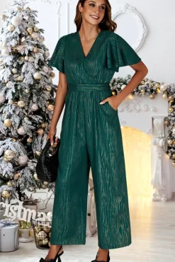 Gold Foil Print Wrap Top Jumpsuit In Green