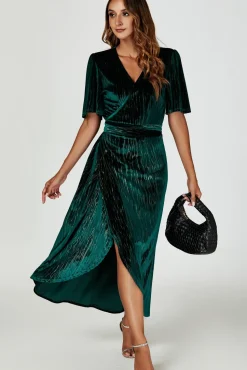 Gold Foil Velvet Wrap Maxi Dress In Green