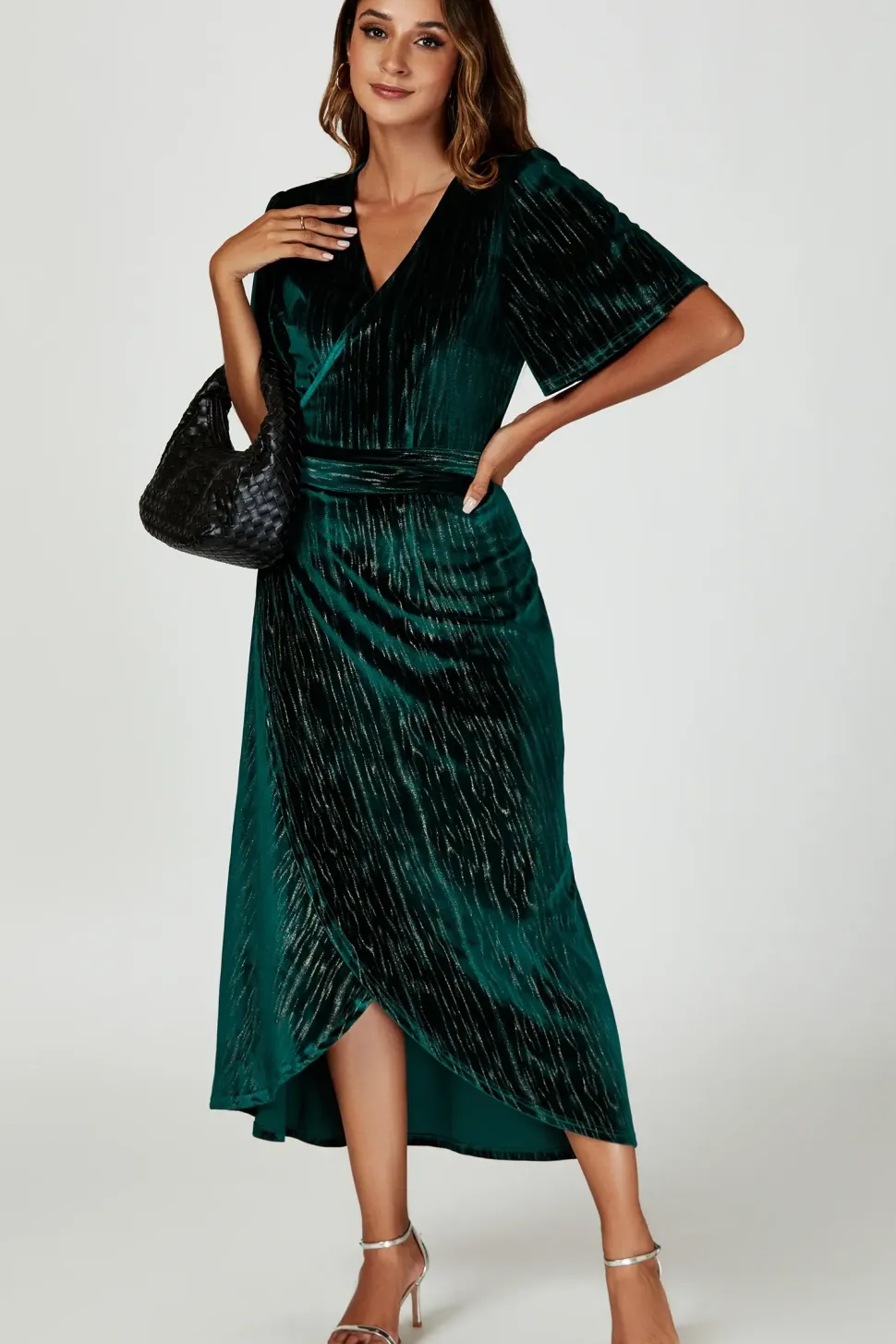Gold Foil Velvet Wrap Maxi Dress In Green