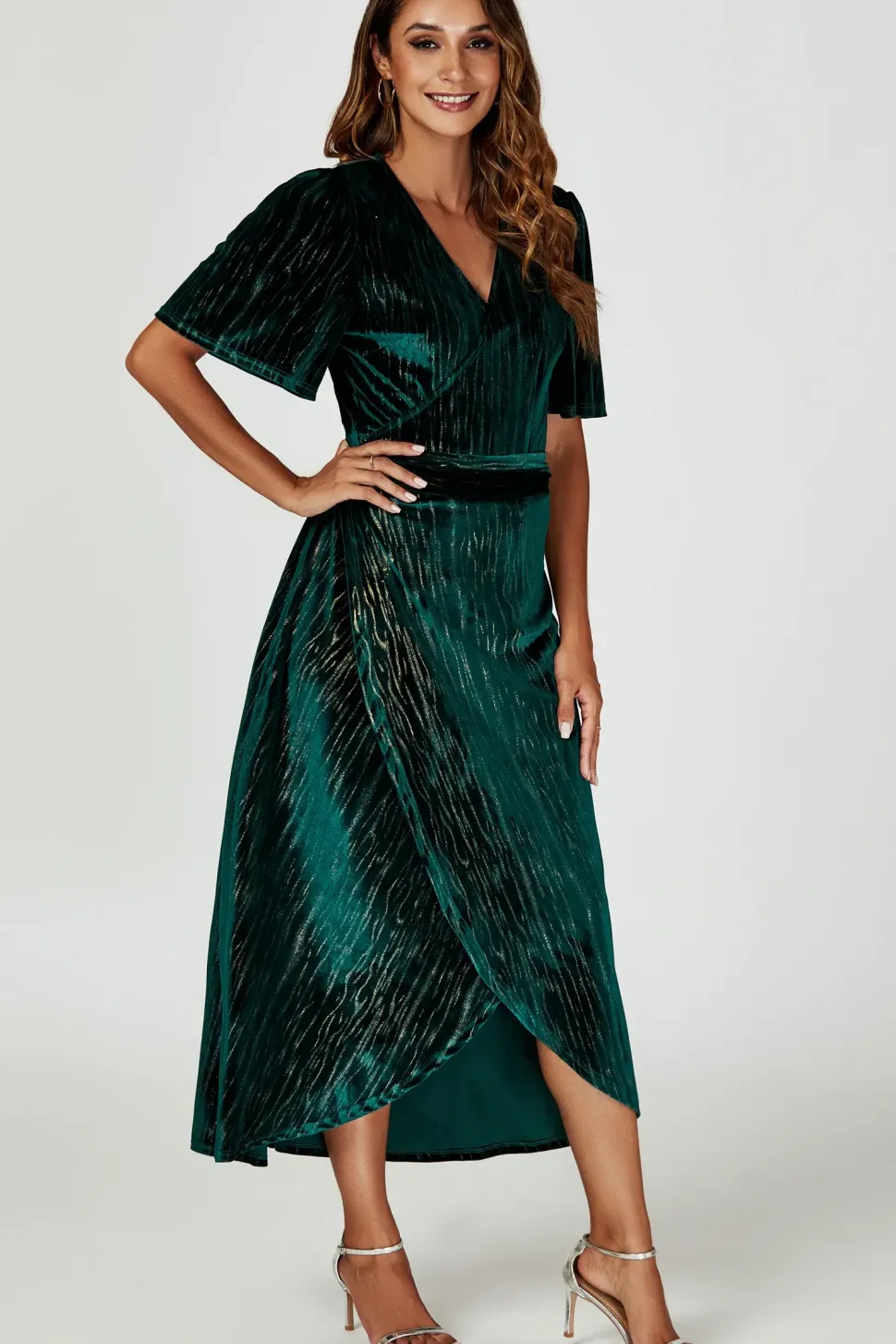 Gold Foil Velvet Wrap Maxi Dress In Green