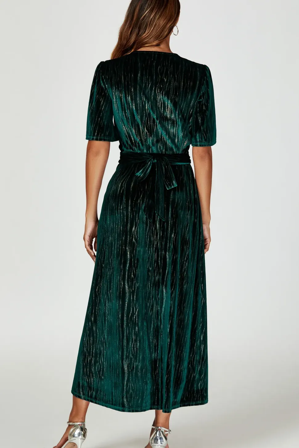 Gold Foil Velvet Wrap Maxi Dress In Green