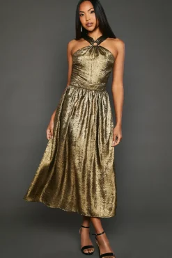 Gold Metallic Halter Neck Midi Dress