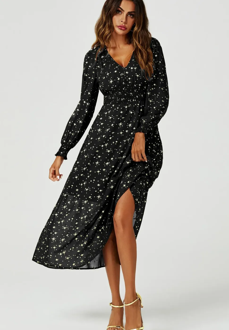 Gold Star Foil V-Neckline Long Sleeve Maxi Dress In Black