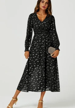 Gold Star Foil V-Neckline Long Sleeve Maxi Dress In Black