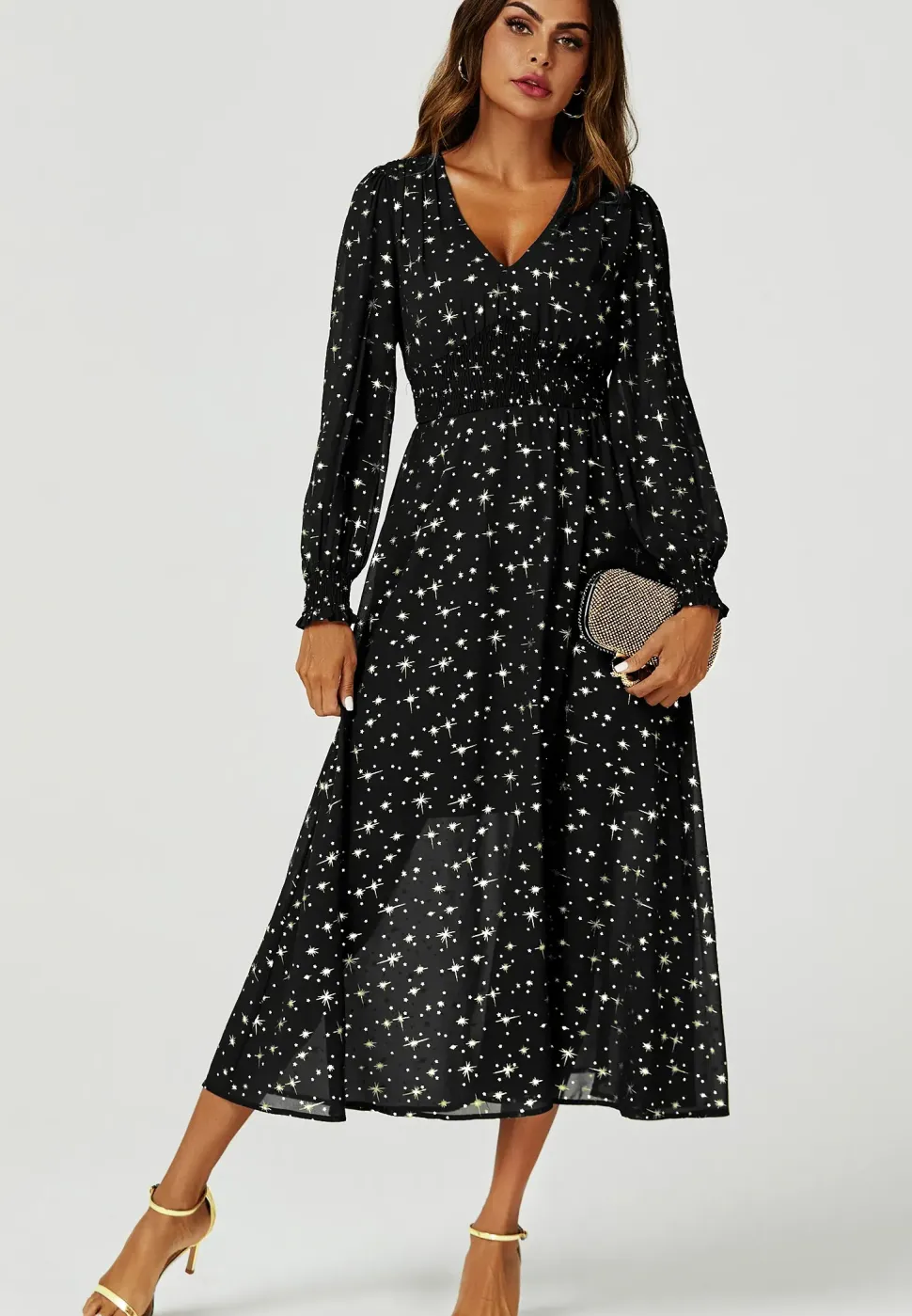 Gold Star Foil V-Neckline Long Sleeve Maxi Dress In Black