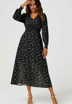 Gold Star Foil V-Neckline Long Sleeve Maxi Dress In Black