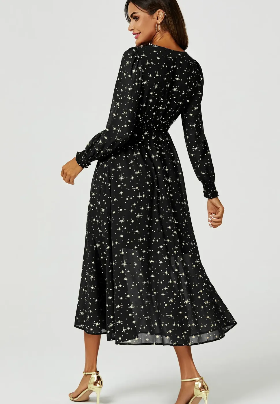 Gold Star Foil V-Neckline Long Sleeve Maxi Dress In Black
