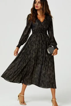 Gold Stripe Foil V-Neckline Long Sleeve Maxi Dress In Black