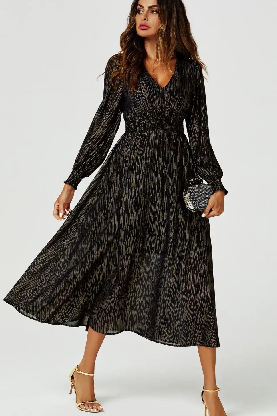 Gold Stripe Foil V-Neckline Long Sleeve Maxi Dress In Black