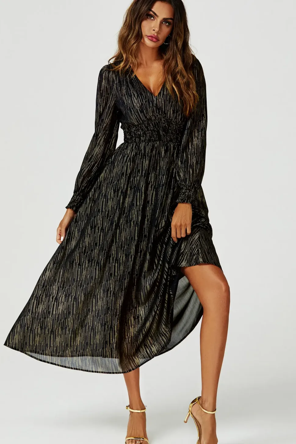 Gold Stripe Foil V-Neckline Long Sleeve Maxi Dress In Black