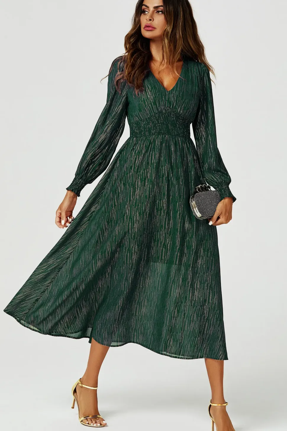 Gold Stripe Foil V-Neckline Long Sleeve Maxi Dress In Green