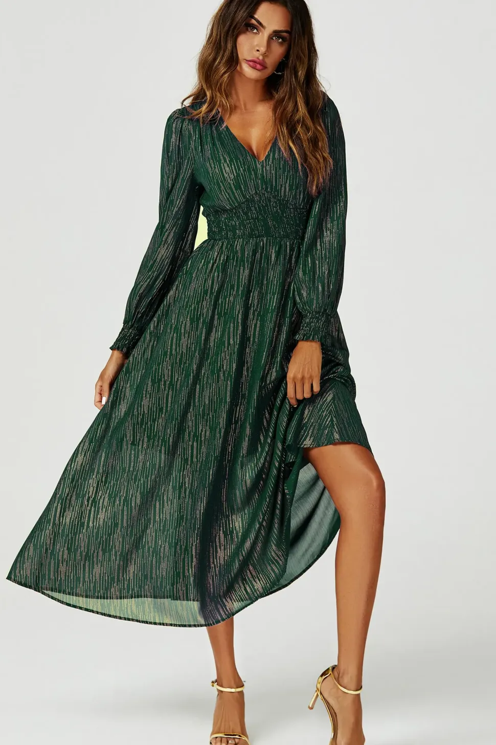 Gold Stripe Foil V-Neckline Long Sleeve Maxi Dress In Green