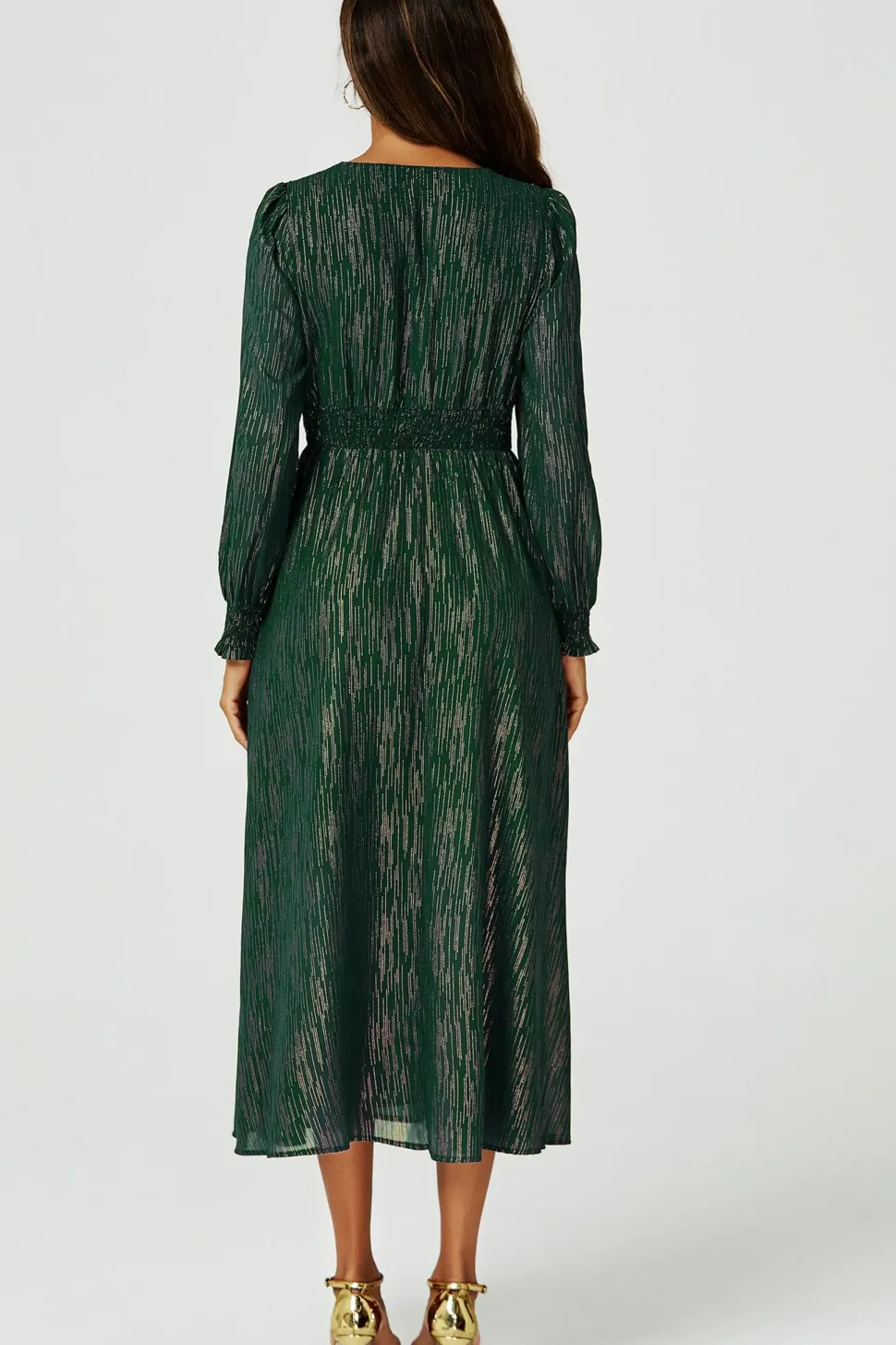 Gold Stripe Foil V-Neckline Long Sleeve Maxi Dress In Green