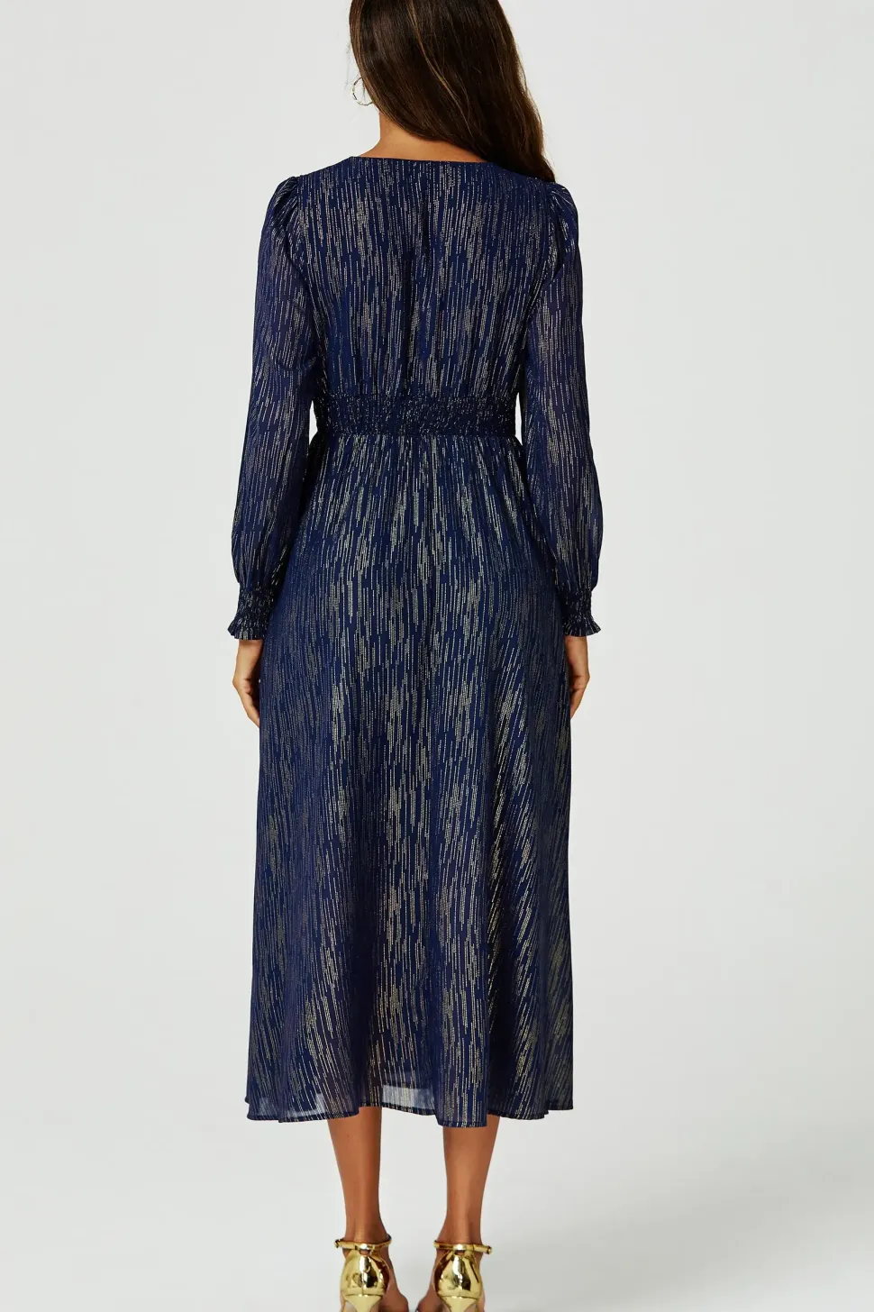 Gold Stripe Foil V-Neckline Long Sleeve Maxi Dress In Navy