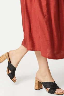Grace Scalloped Cross Strap Cork Covered Block Heeled Mule Sandals