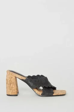 Grace Scalloped Cross Strap Cork Covered Block Heeled Mule Sandals