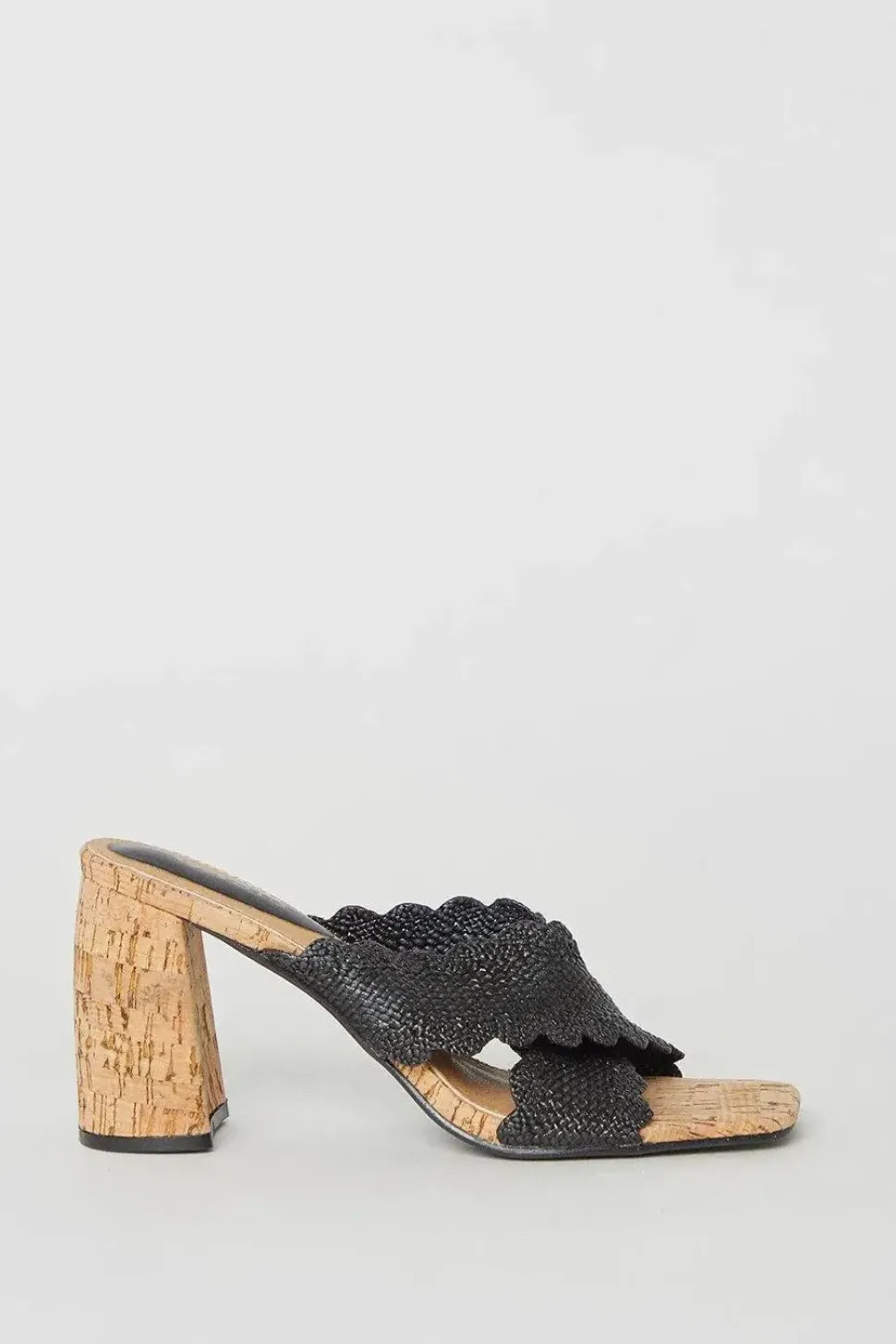 Grace Scalloped Cross Strap Cork Covered Block Heeled Mule Sandals