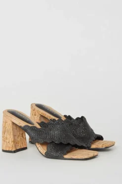 Grace Scalloped Cross Strap Cork Covered Block Heeled Mule Sandals