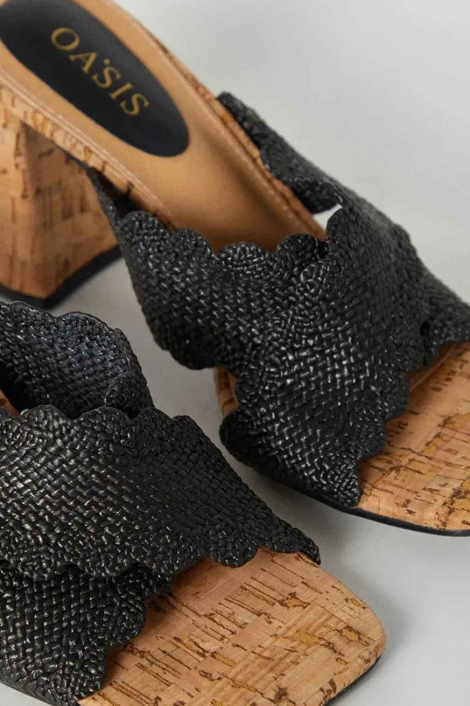 Grace Scalloped Cross Strap Cork Covered Block Heeled Mule Sandals