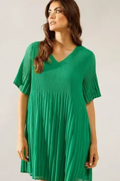 Graduated Pleat Angel Sleeve Mini Dress