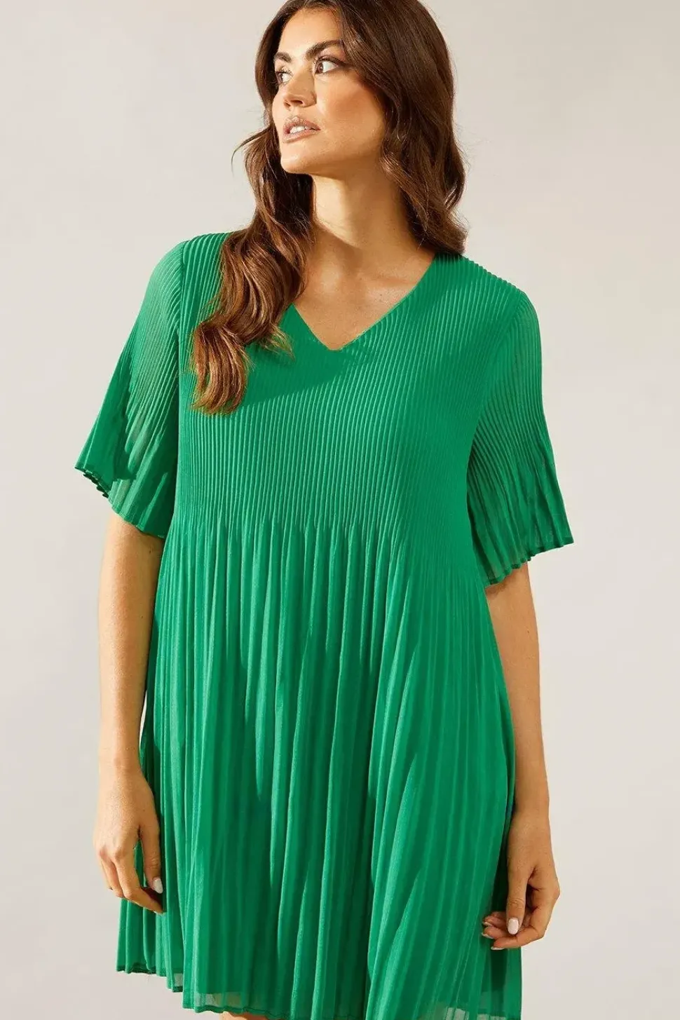 Graduated Pleat Angel Sleeve Mini Dress
