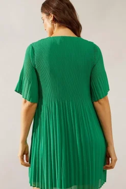 Graduated Pleat Angel Sleeve Mini Dress